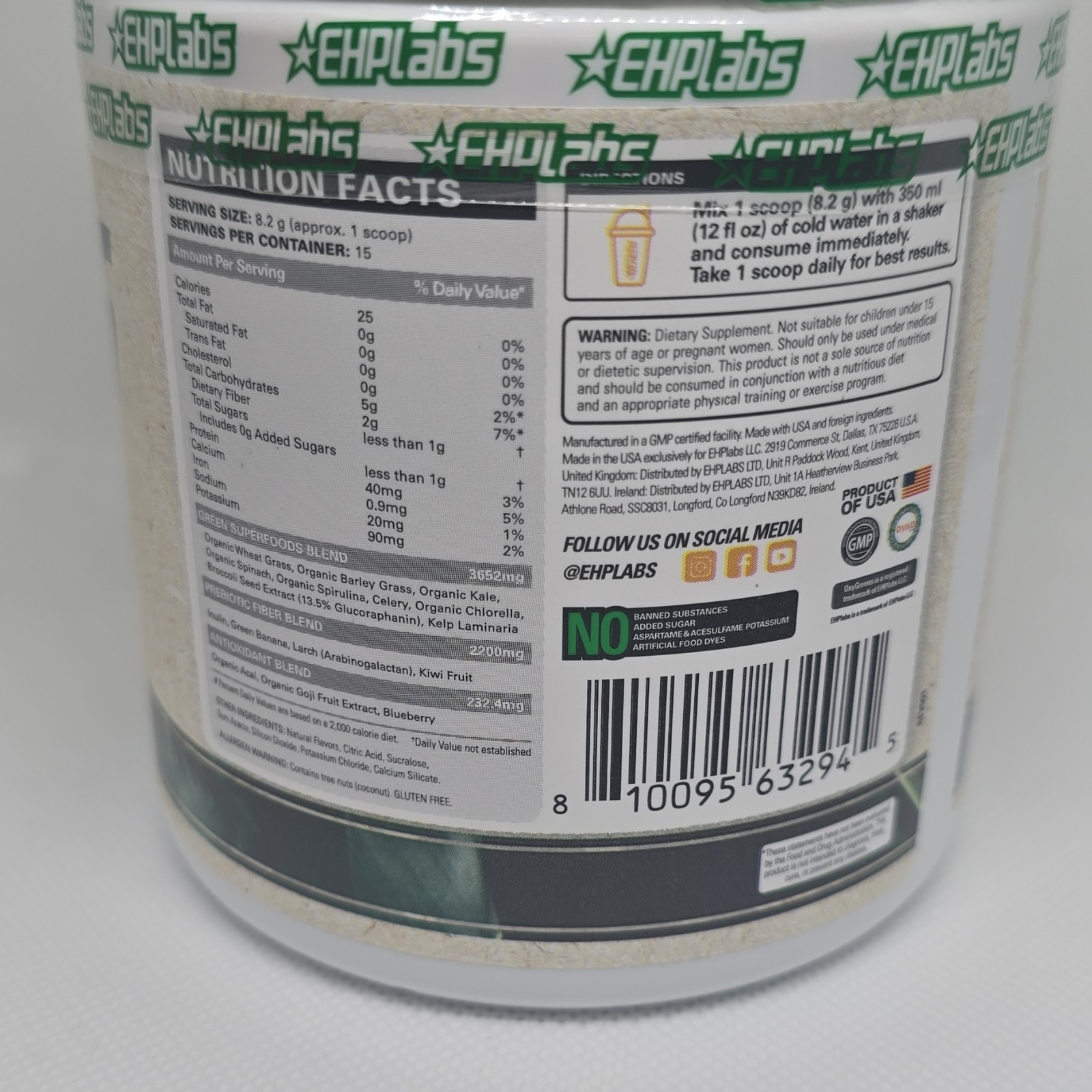 EHPlabs OxyGreens Super Greens Pineapple Powder 15 Serves Barley Kale Spinach