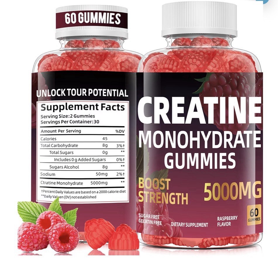Creatine Monohydrate Gummies, 5000MG, Sugar Free, Gelatin Free, Raspberry Flavor