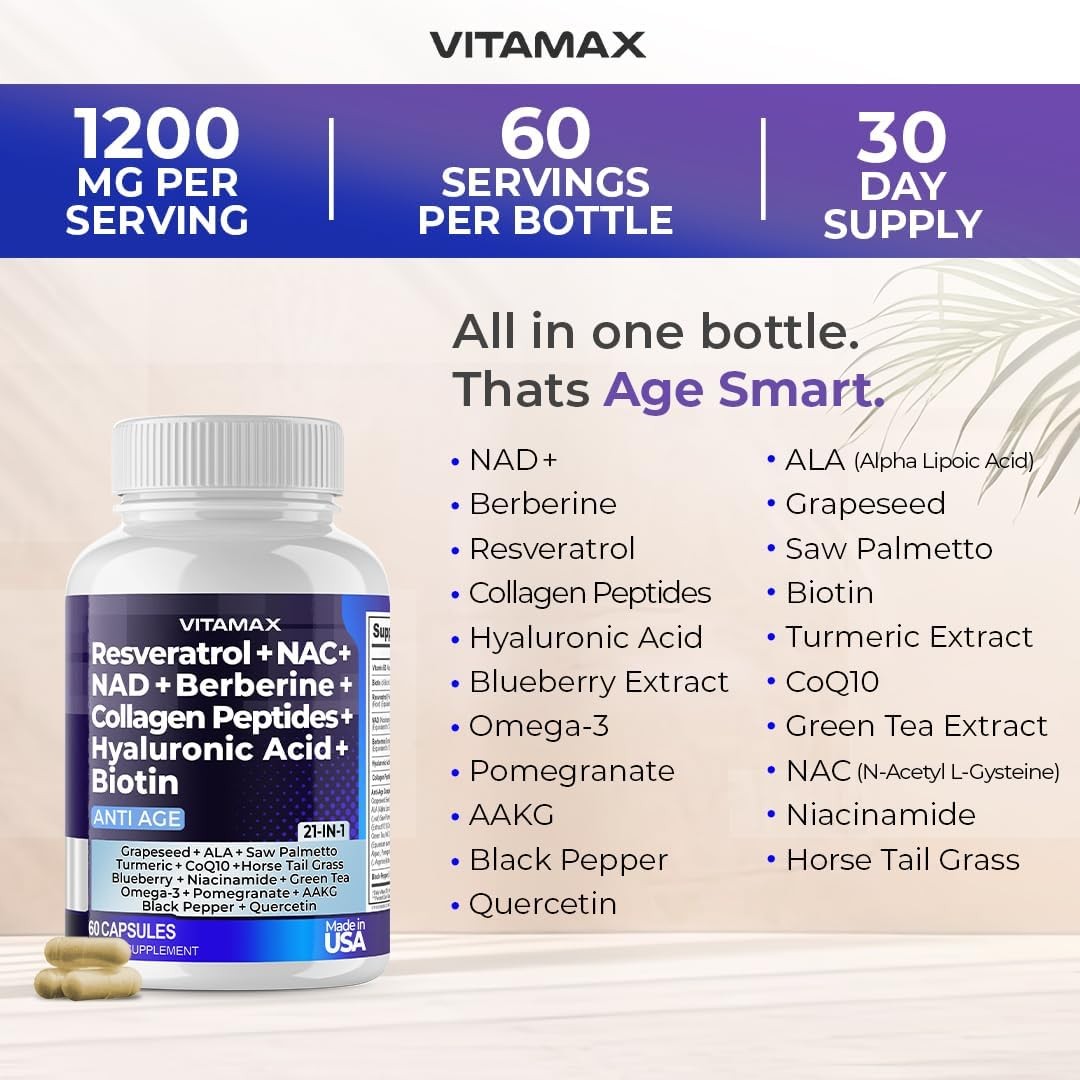 Resveratrol NAD+ Berberine Hyaluronic Acid – Biotin 60 Count (Pack of 2)