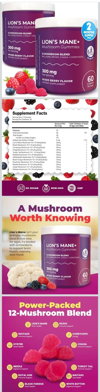 2 x Dr. Moritz Lion’s Mane+ Mushroom Gummies Berry 300mg TOTAL 120 Ct Non-GMO