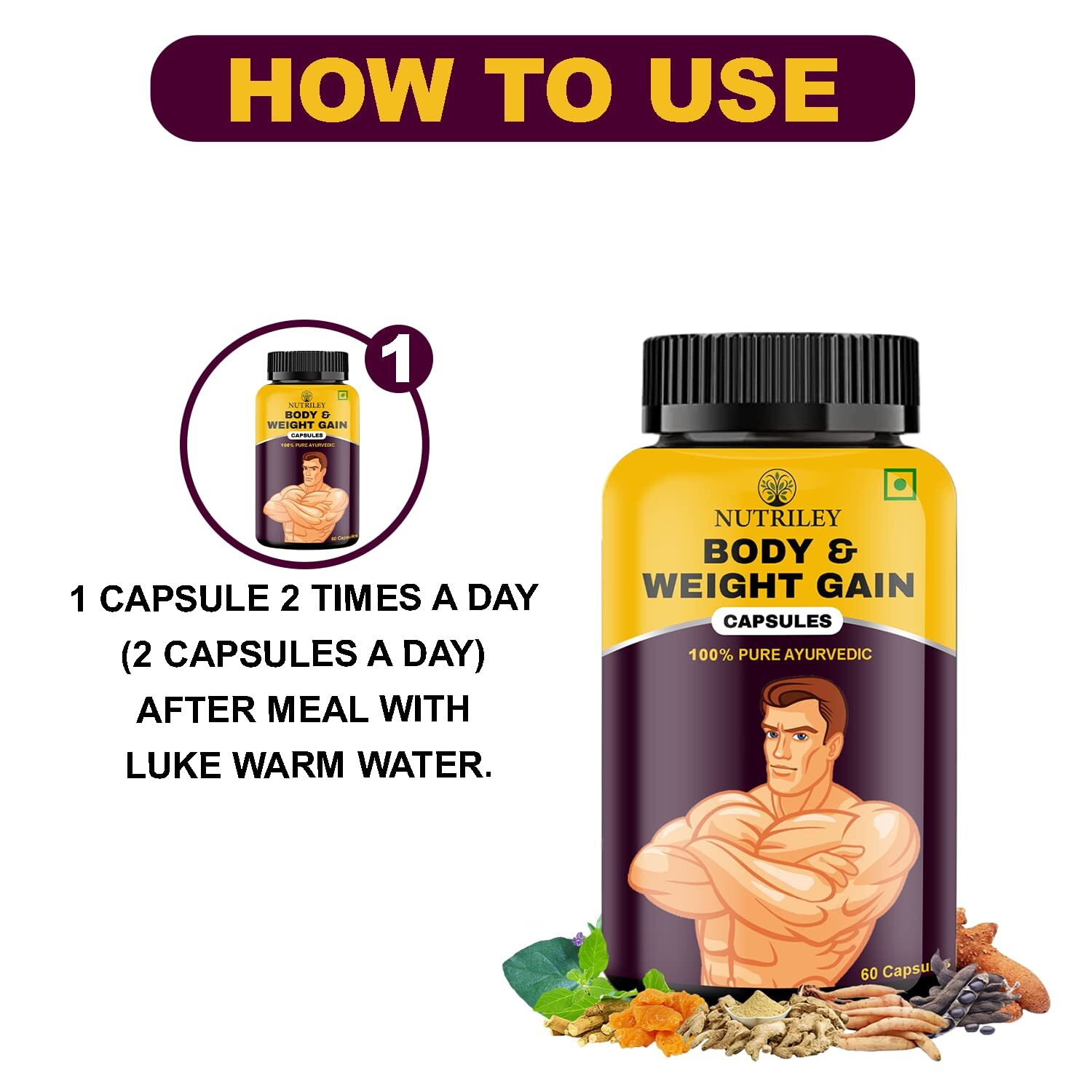 Nutriley Body And Weight Gain Capsules For Unisex Set Of 60 Caps
