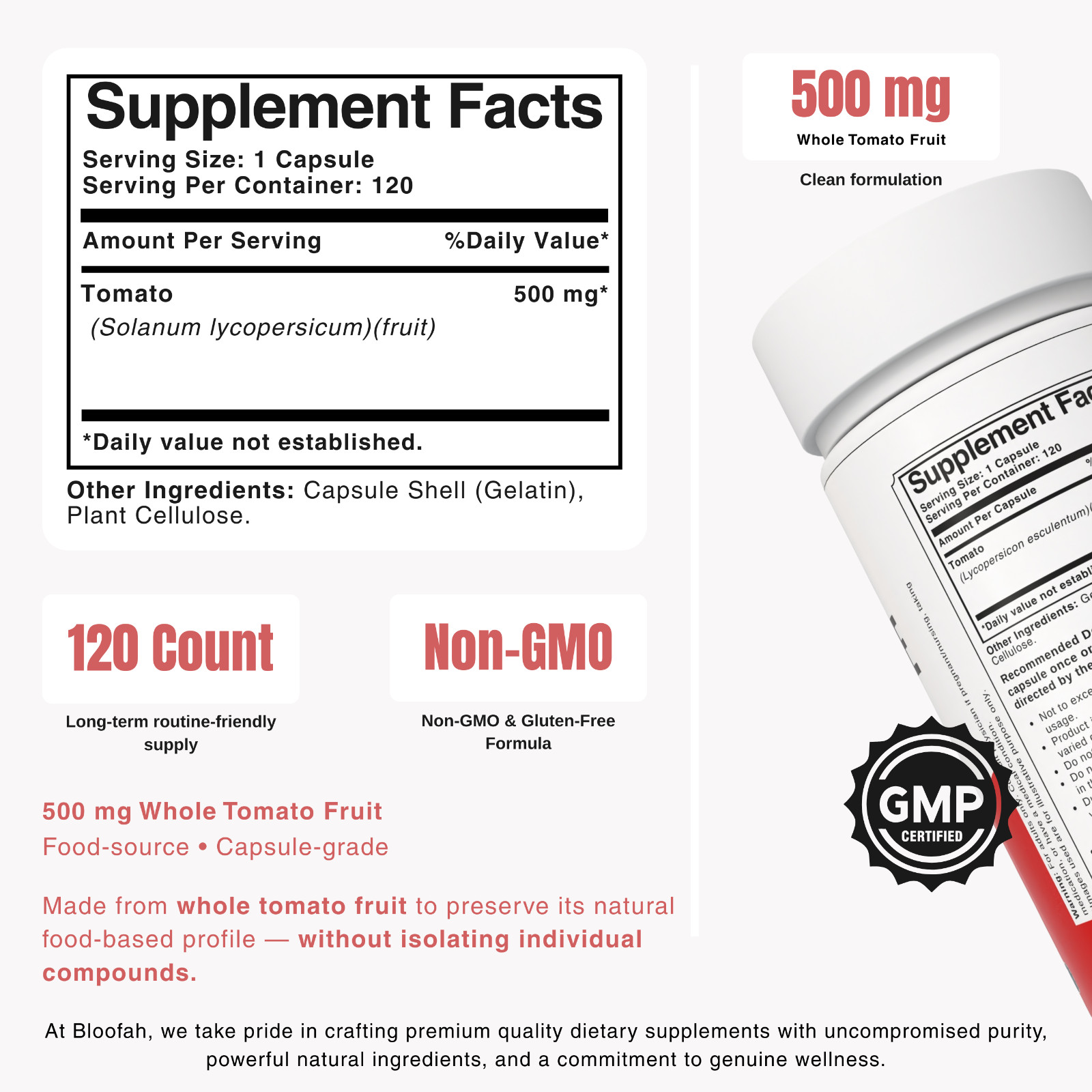 Bloofah Lycopene Tomato Fruit Powder Capsules 500mg | 120 Count | Clean Label