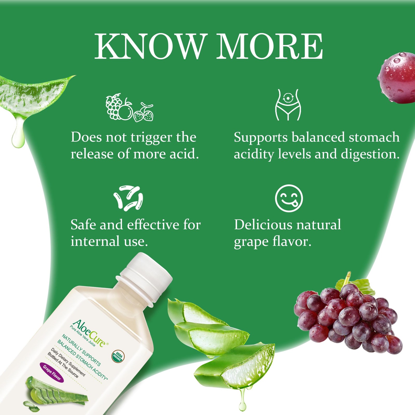 AloeCure USDA Organic Aloe Vera Juice Grape 16.7 Fl Oz (Pack of 1), White
