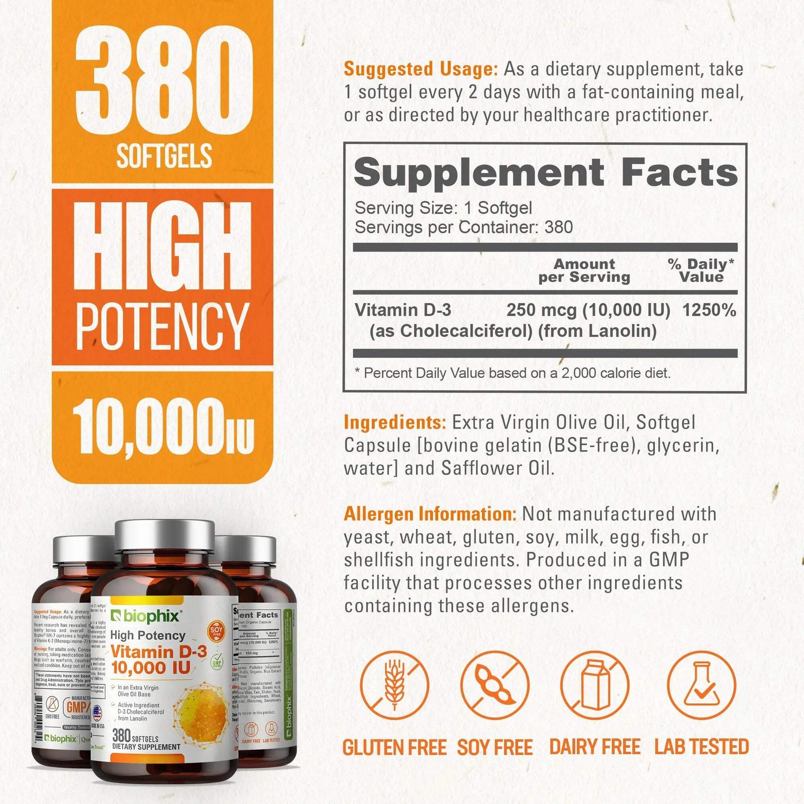 Biophix Vitamin D-3 10000 IU 380 Softgels 3 Pack – In Extra Virgin Olive Oil