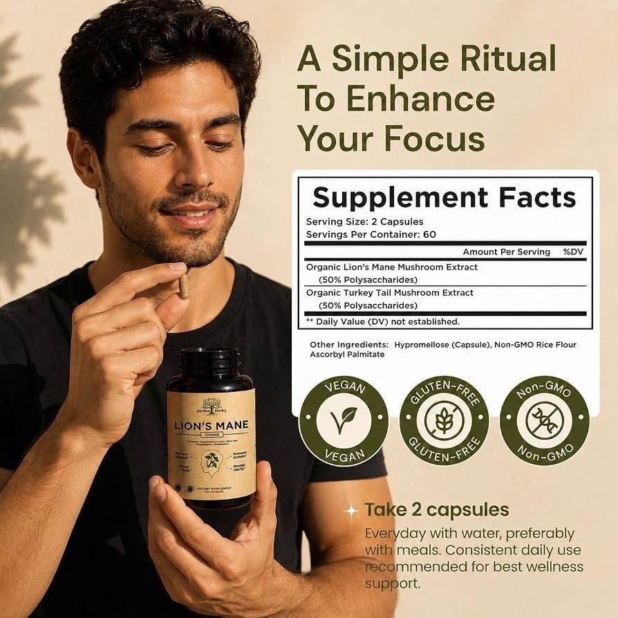 Lion’s Mane Turkey Tail Mushroom Extract Garden Herbz Dietary Supplement