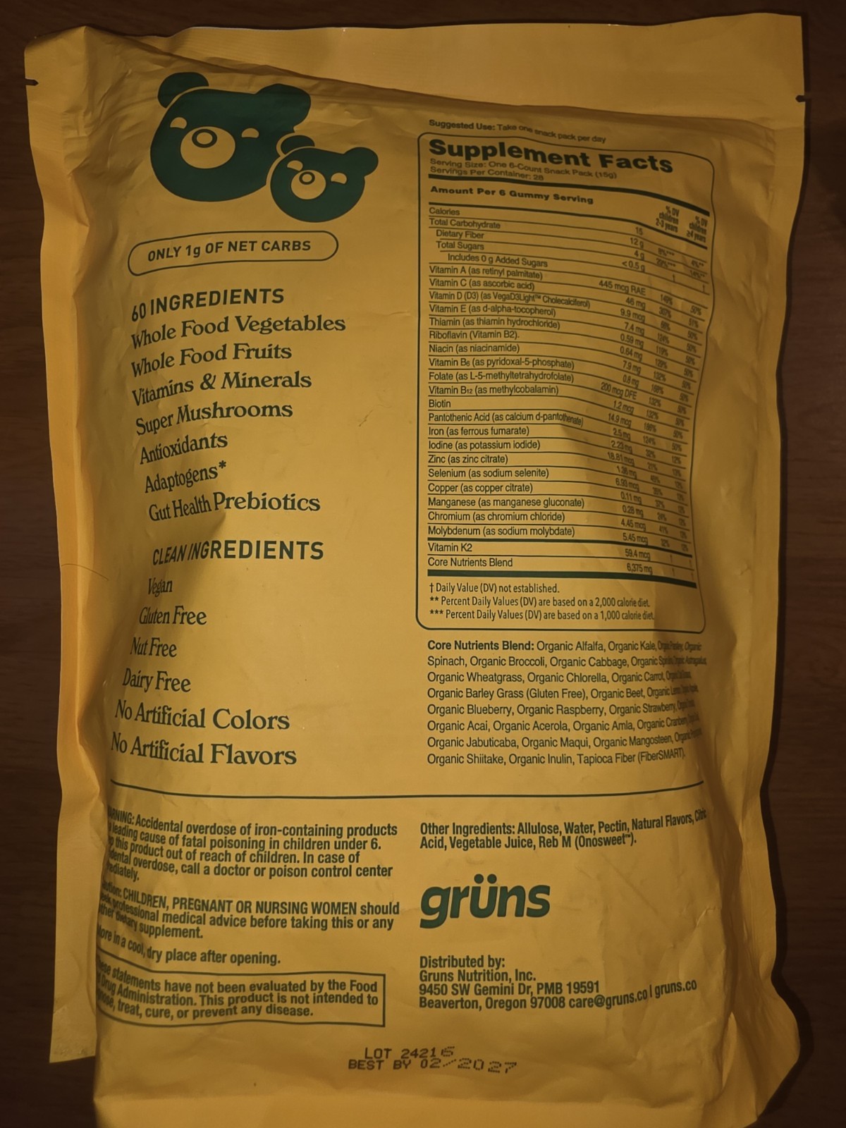 grüns Superfoods Greens Gummies 168 Sugar-Free Vegan Gluten-Free Kids