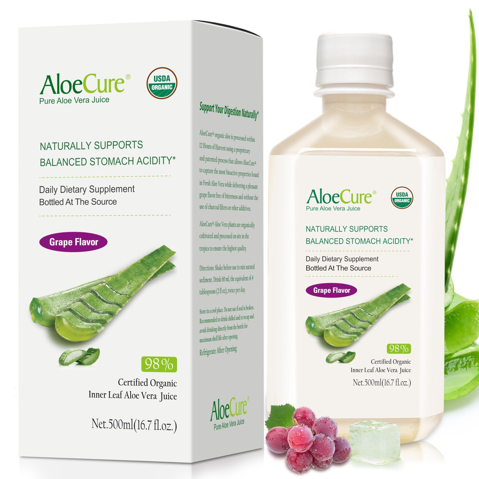 AloeCure USDA Organic Aloe Vera Juice Grape 16.7 Fl Oz (Pack of 1), White