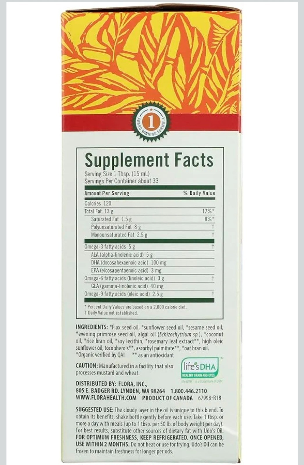 Flora Udo’s Choice Udo’s Oil DHA Omega 3-6-9 Vegan Gluten-Free 17 fl oz