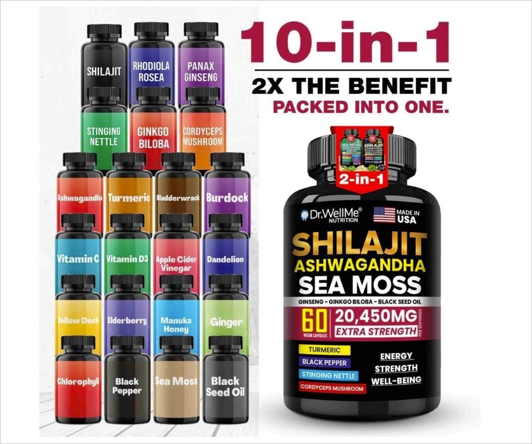 Dr.WellMe Shilajit Ashwagandha Sea Moss with Ginseng, Ginkgo Biloba & Black Seed