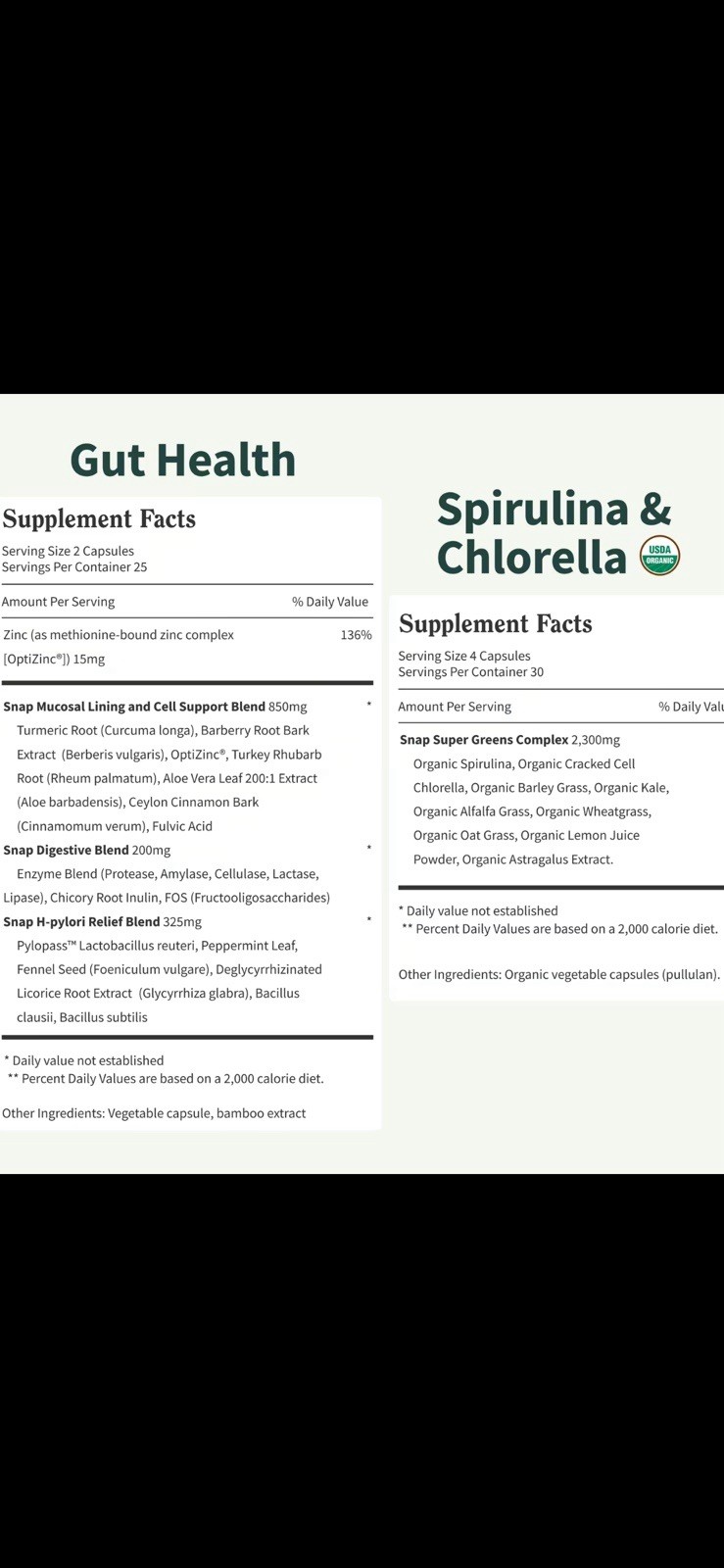 SNAP Gut Health Digestive Support 50 + Spirulina Chlorella 60 Vegan Exp 04/2027