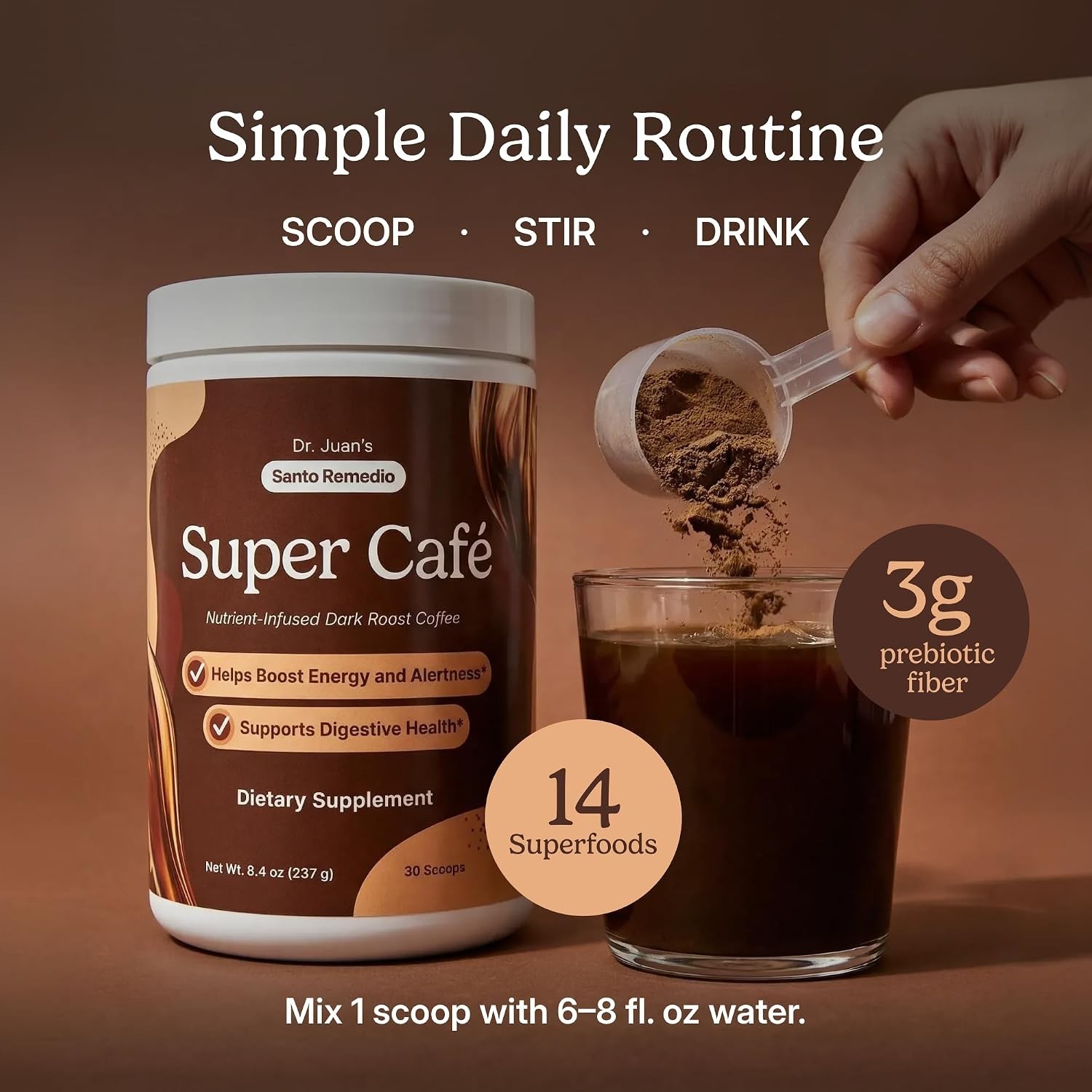 Super Café, Coffee Powder with Prebiotic Fiber & Mushrooms, Dark Roast, 100 m…