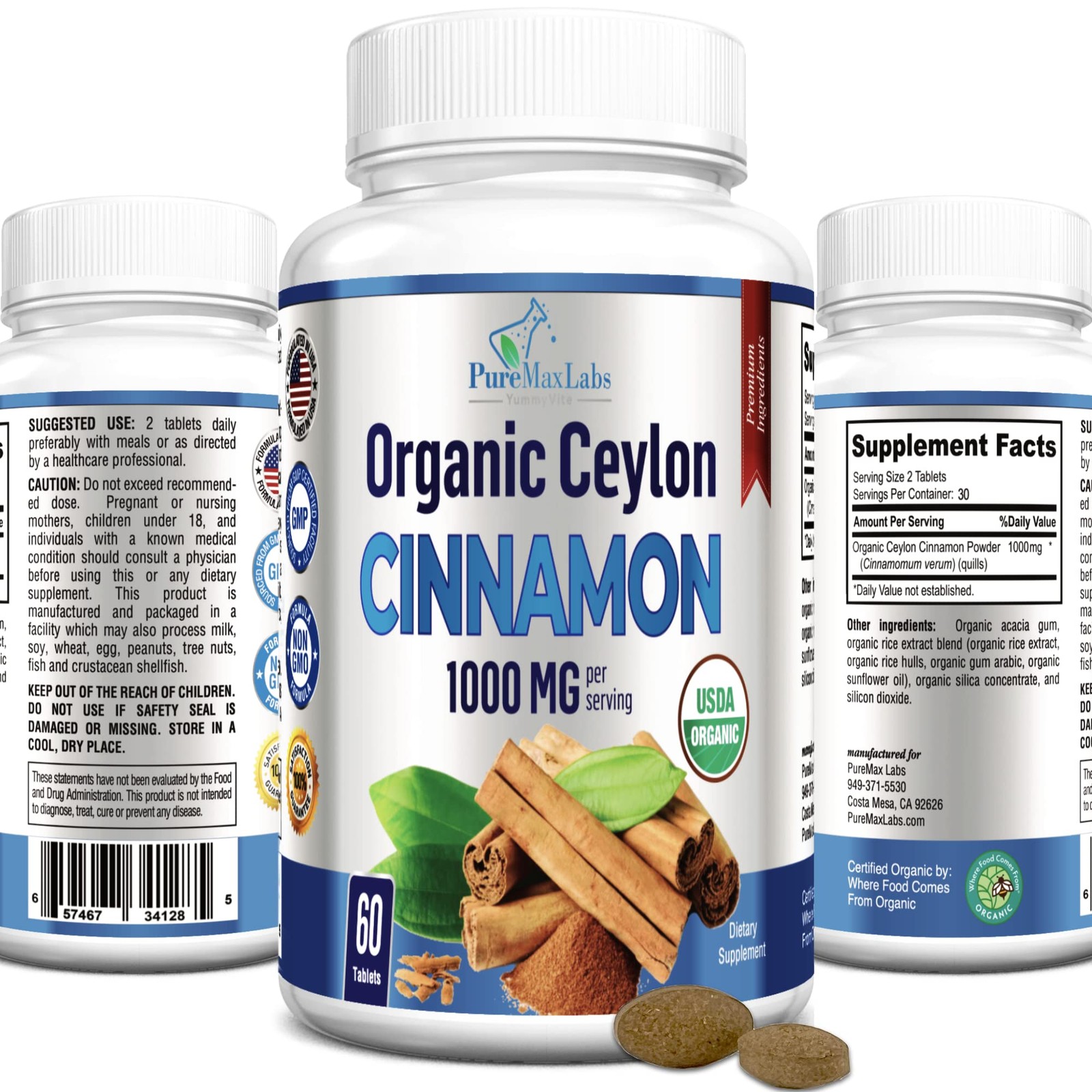 Organic Ceylon Cinnamon – 1000mg per Serving, 60 Count (Pack of 1)