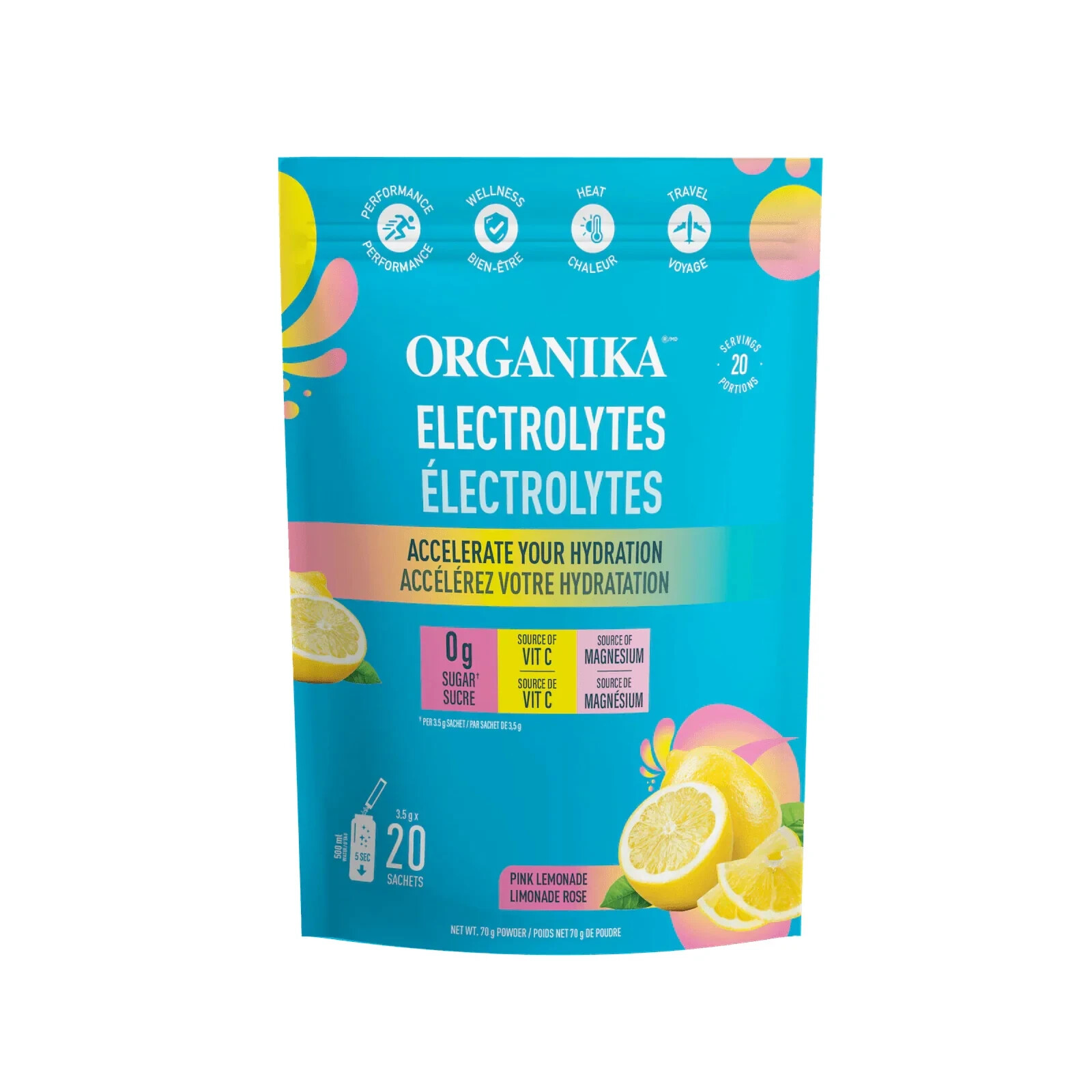 Organika Electrolytes Sachets Pink Lemonade Flavor Vitamin C Hydrate 70g NEW
