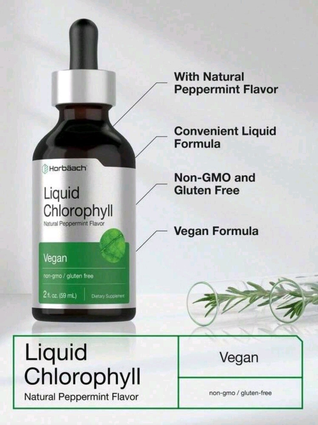 Horbäach Liquid Chlorophyll Drops 2 Oz Vegan, Non-GMO, And Gluten Free Formula