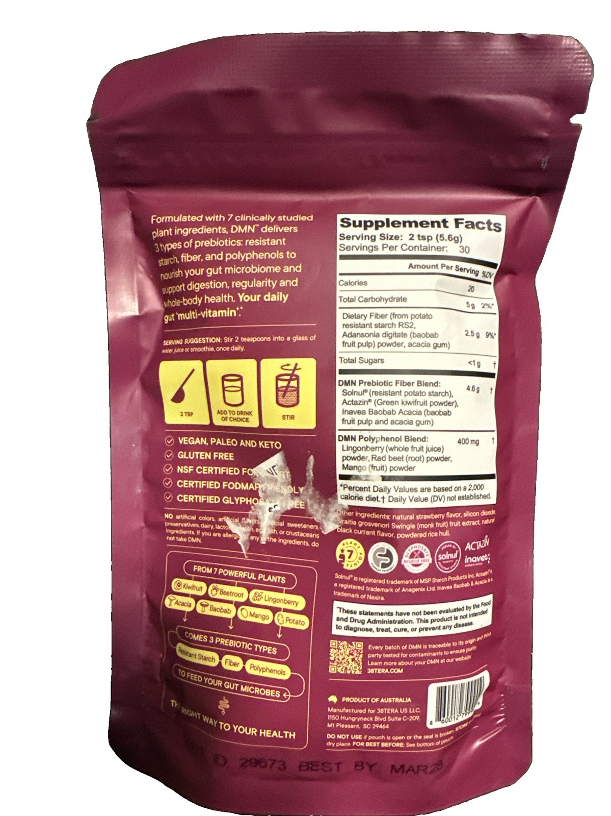 💪38TERA DMN Prebiotic Fiber Supplement Powder – Daily Microbiome 30 servings