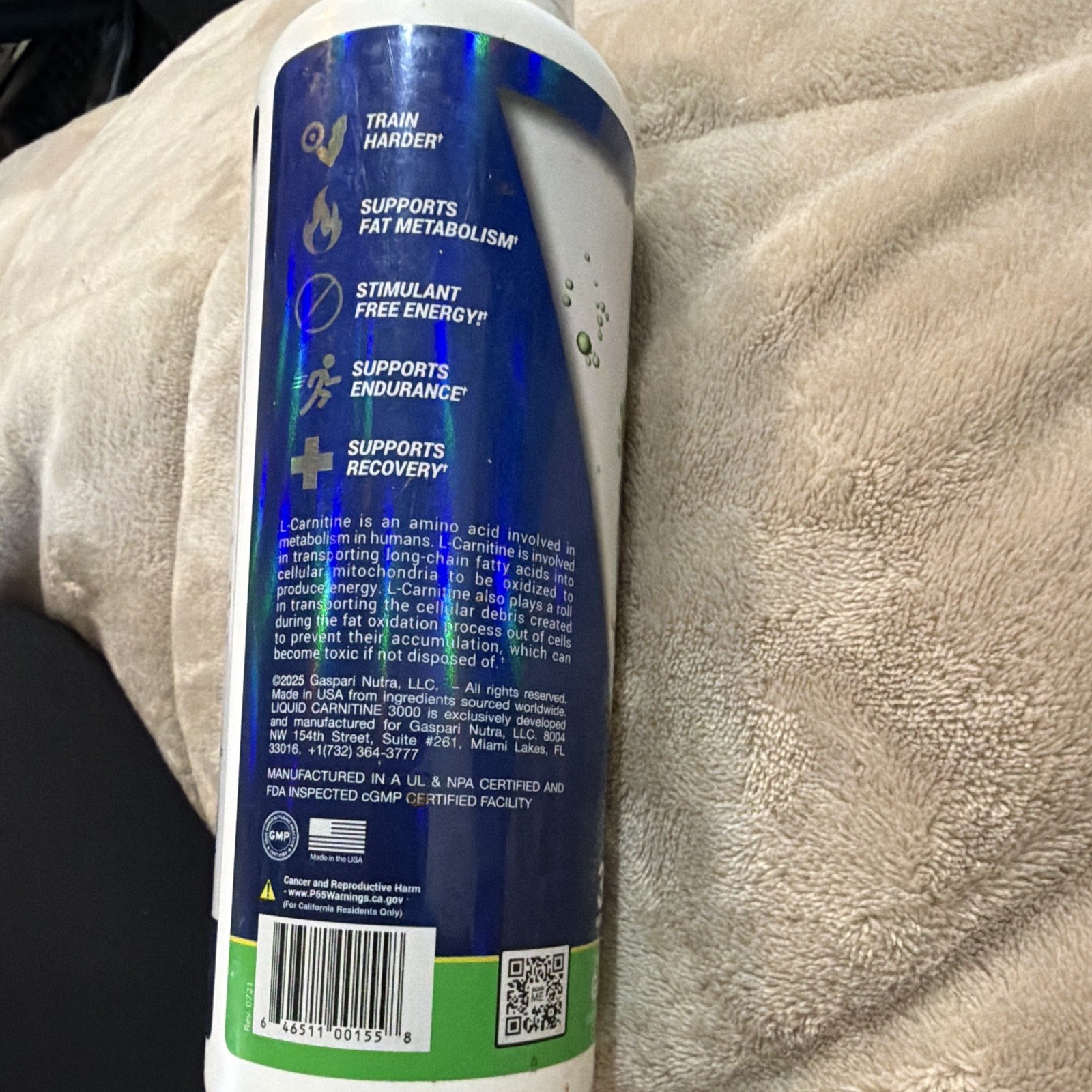 Gaspari Nutrition Liquid Carnitine 3000 Green Apple 16.231oz Exp 06/2027