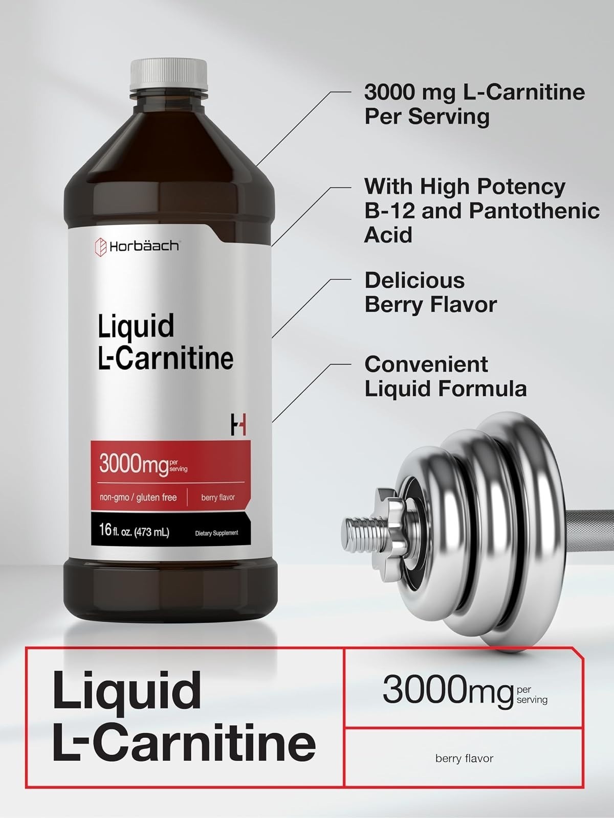 Horbäach L-Carnitine Liquid 3000 mg 16 fl oz Berry Flavor Supplement