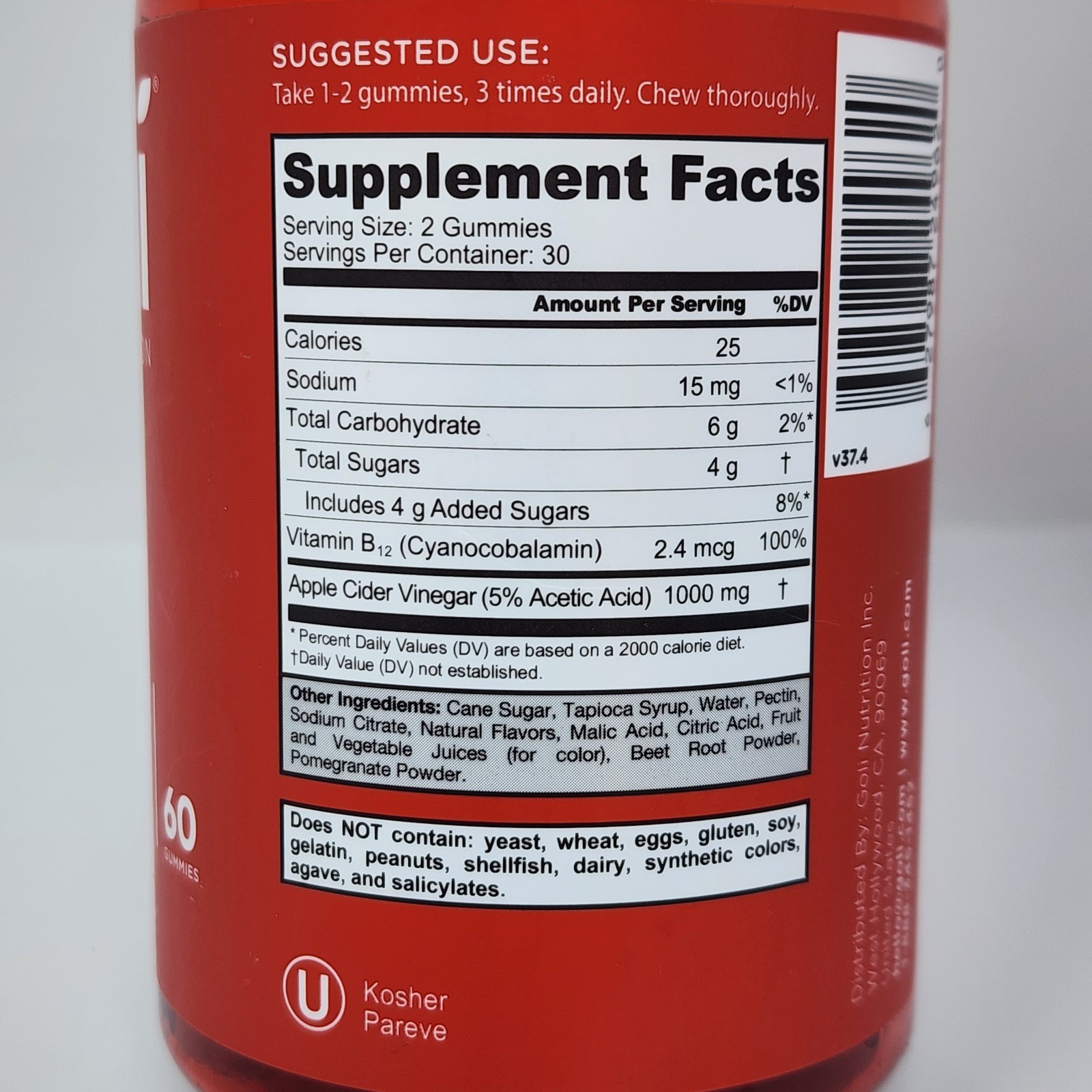 Goli Nutrition Apple Cider Vinegar Gummies 60 Per Bottle (3 Pack) Exp 03/2027