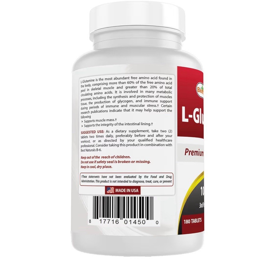 Best Naturals L-Glutamine 1000mg Tablets Non-GMO Lab Tested Amino Acid 180 Count