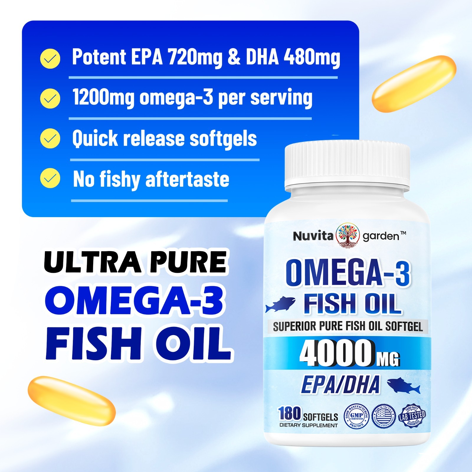 3000mg Fish Oil Softgels – Omega 3 Fish Oil Supplement – 540mg EPA + 360mg DHA