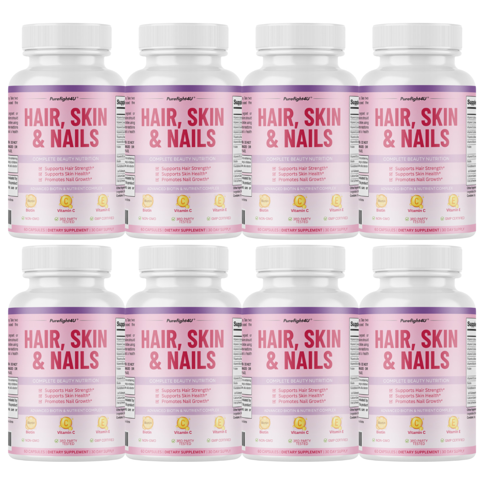 Purefight4u Hair, Skin & Nails Supports Healthy Hair Growth wBiotin – 8 Bottles