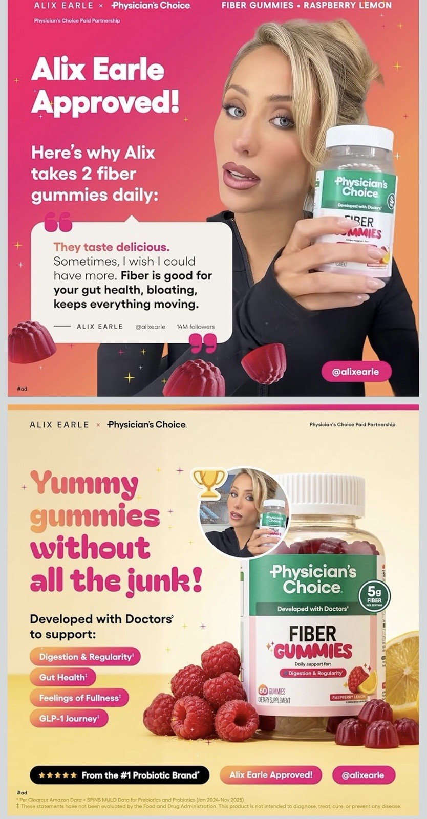 Physician’s Choice Fiber Gummies Digestive Support Vegan Raspberry Lemon 60