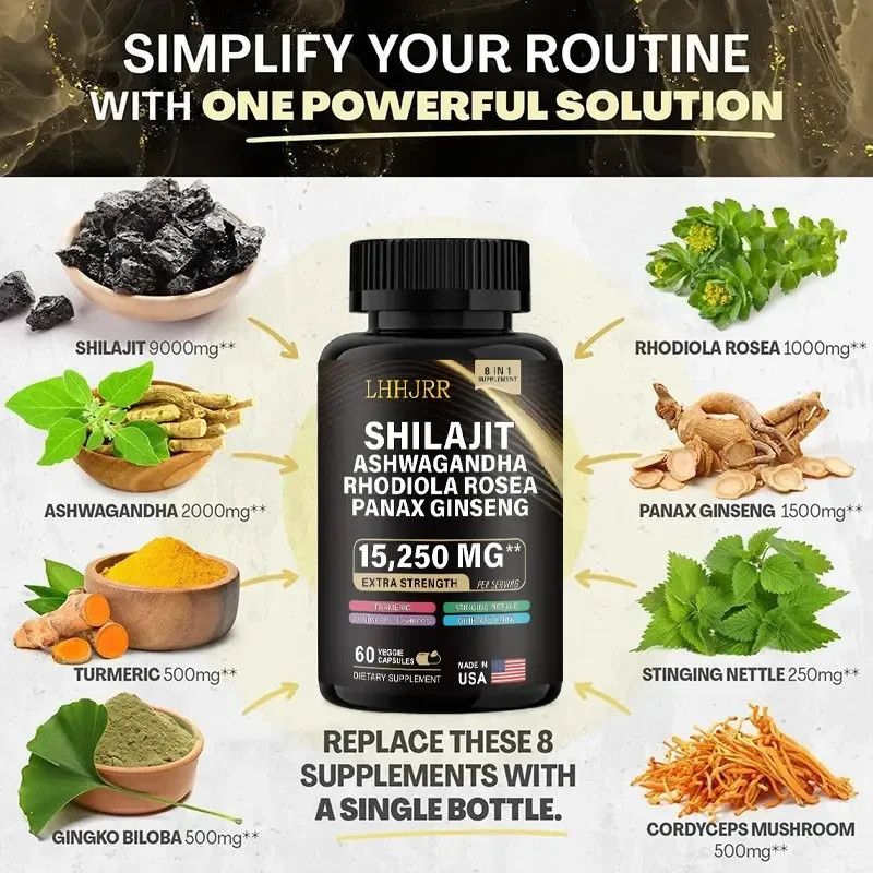 Extra Strength Shilajit Ashwagandha Rhodiola Panax 15,250mg 60 Capsul…