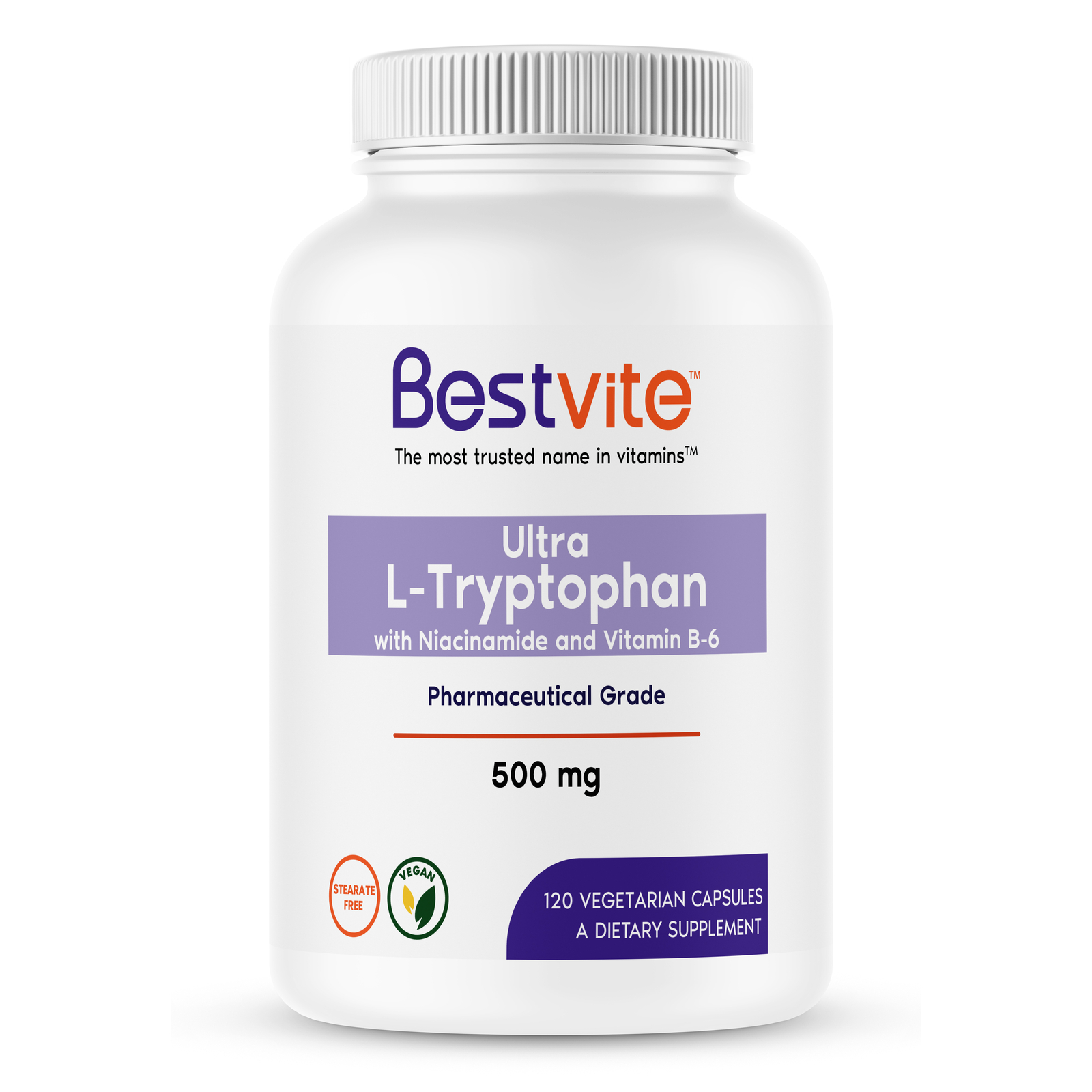 L-Tryptophan w/ B3 & B6 500mg (120 Vegetarian Capsules) -No Stearates