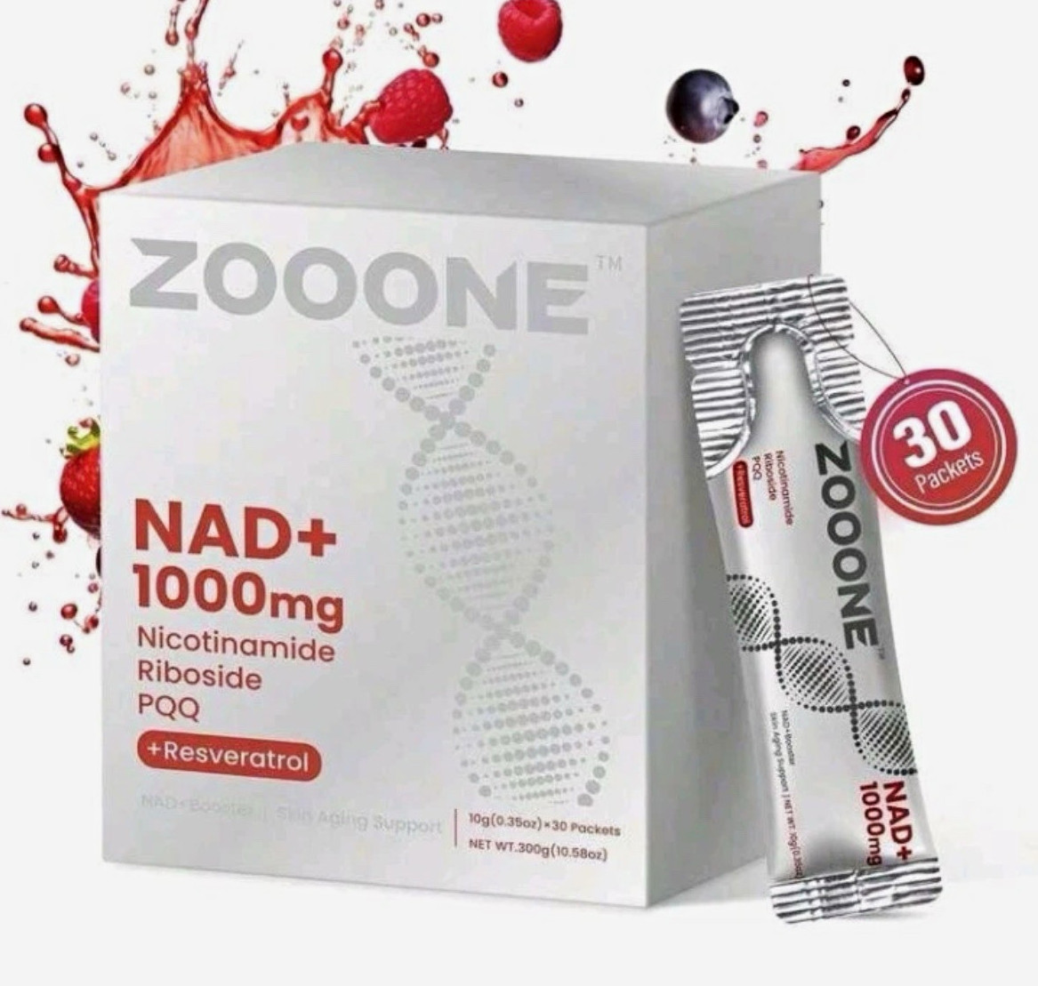 ZOOONE NAD+ 1000mg Powder w/ NR PQQ Resveratrol Quercetin, 30, Cherry