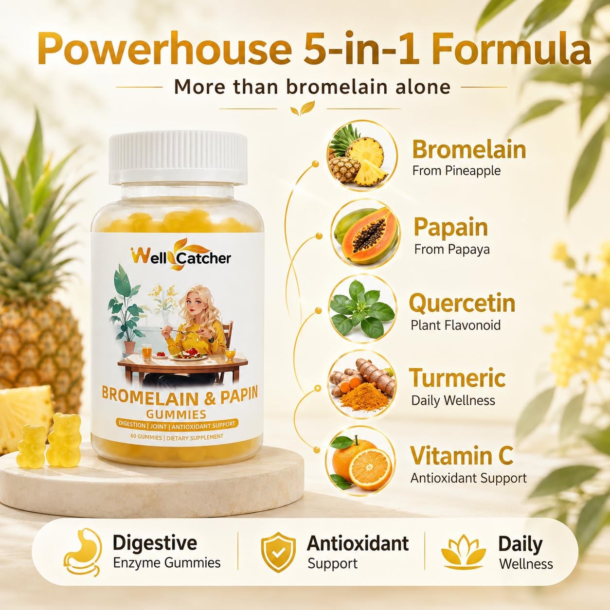 Bromelain Papain Enzyme Gummies: 500mg with 60 Count (Pack of 1)