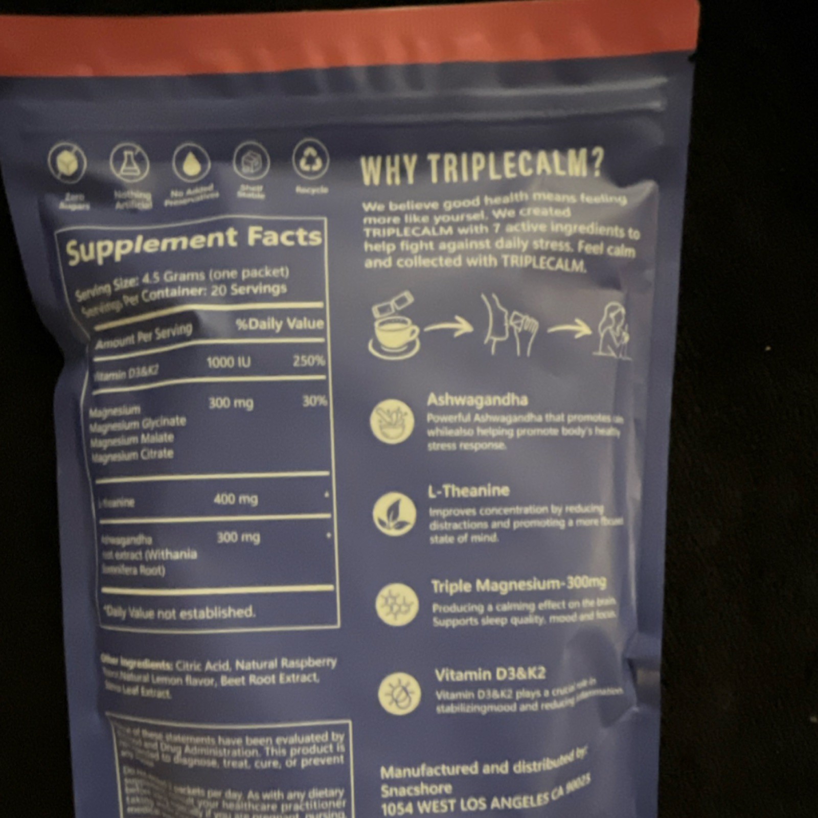 Snacshore Magnesium Drink Mix 300mg Sugar-Free Raspberry Lemonade