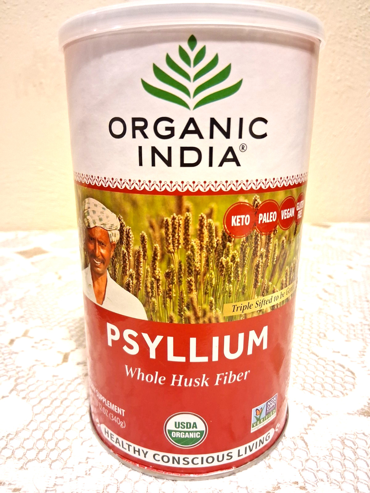 Organic India Psyllium Fiber Whole Husk Fiber Supplement Keto Vegan 12 oz