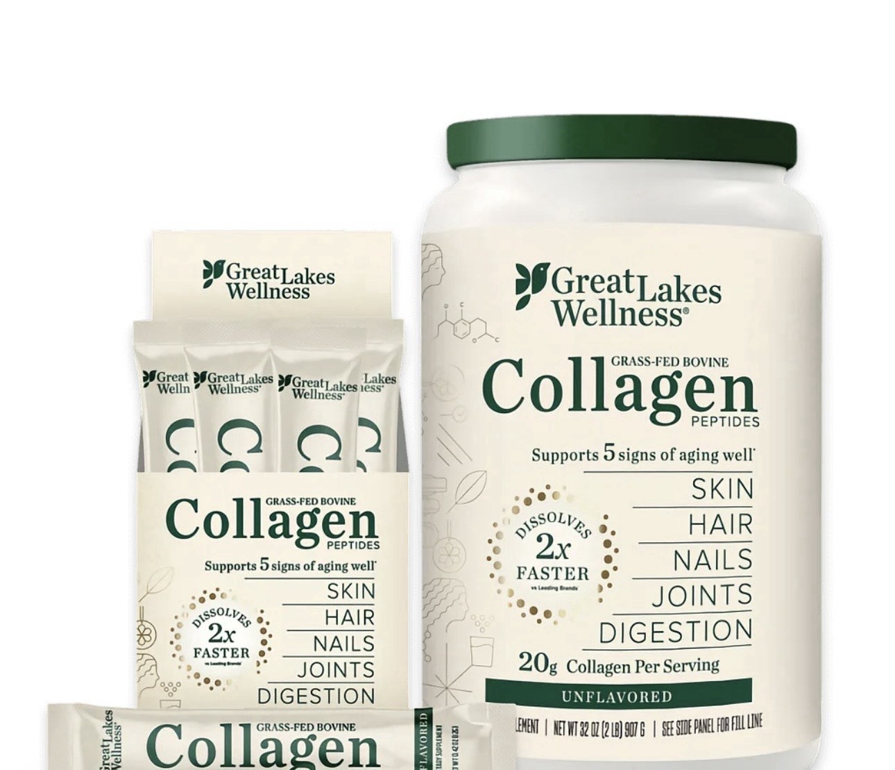 Great Lakes Wellness Collagen Peptides Bovine Unflavored Powder Stick Keto Paleo