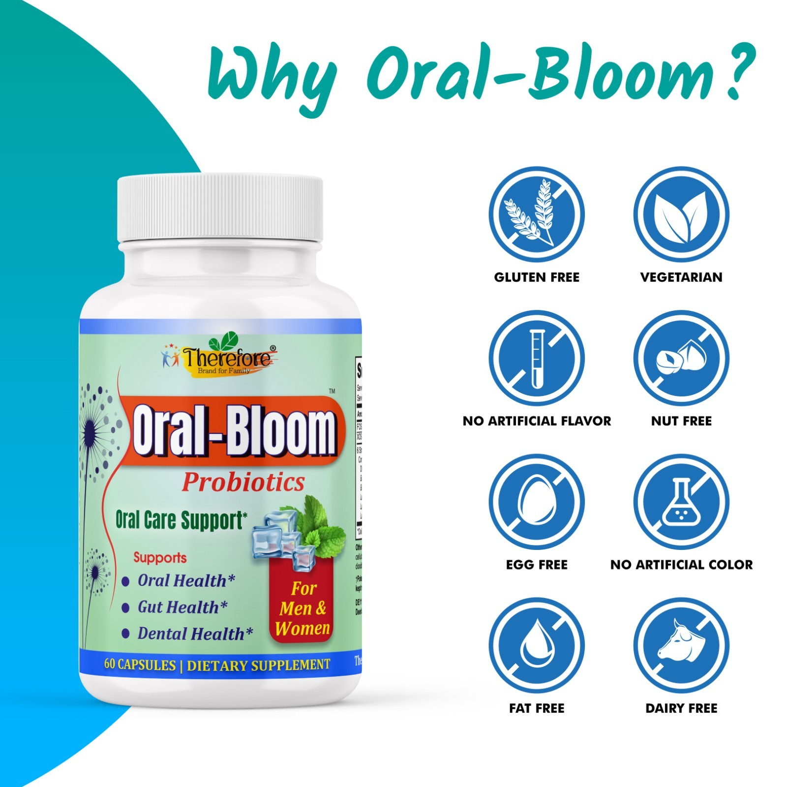 Oral-Bloom Probiotic Capsules for Oral Health, Gut Support & Fresh Breath-60ct
