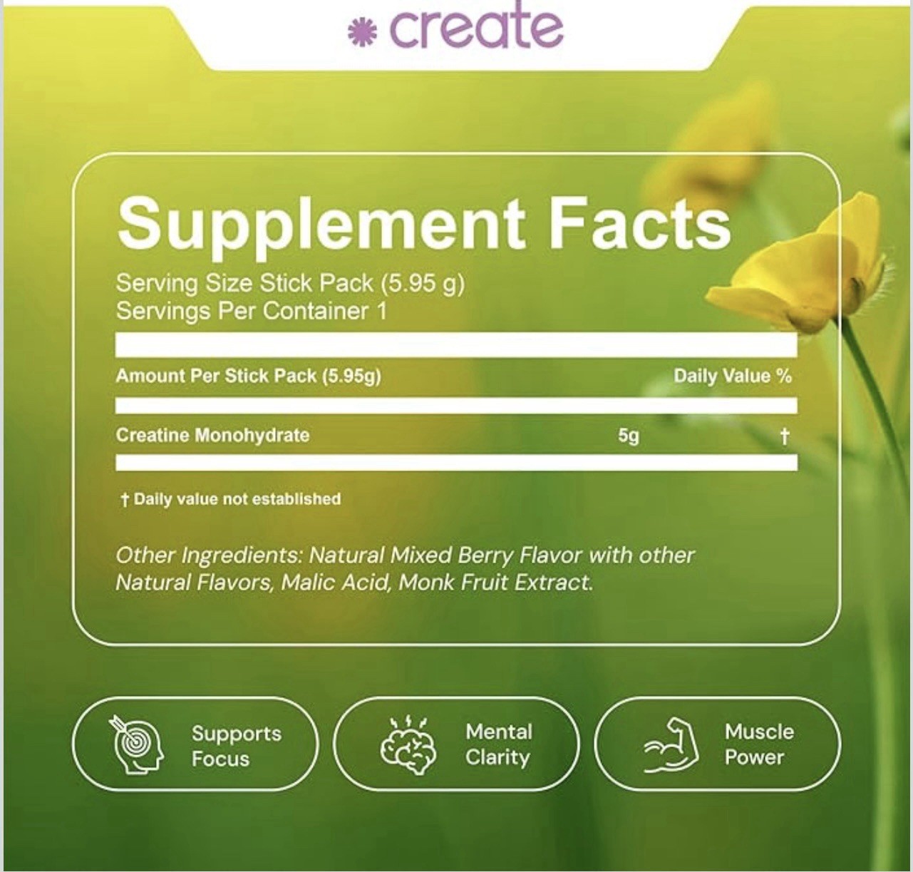 Create Creatine Monohydrate Powder Mixed Berry 5g Sugar-Free Vegan 30 Packs