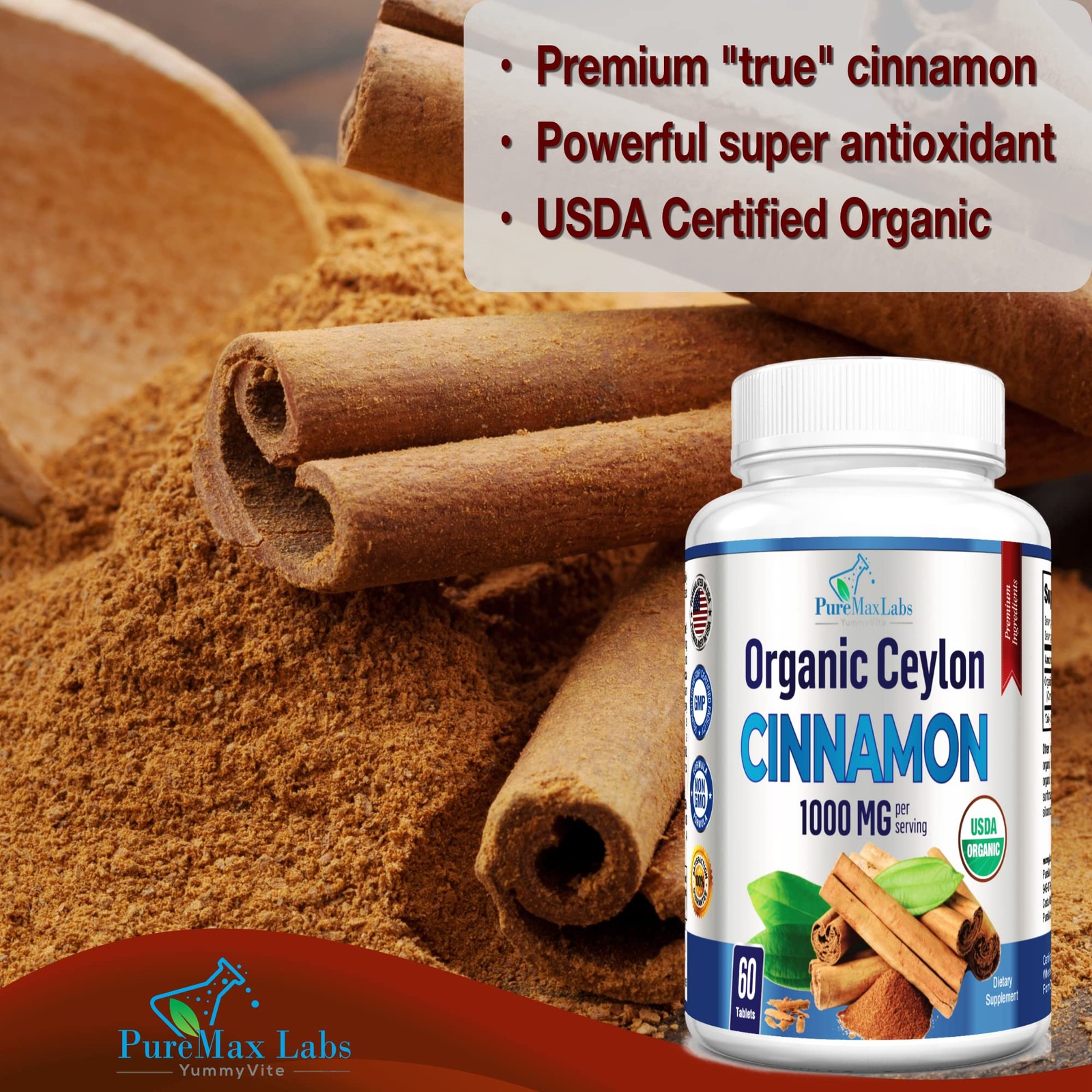 Organic Ceylon Cinnamon – 1000mg per Serving, 60 Count (Pack of 1)