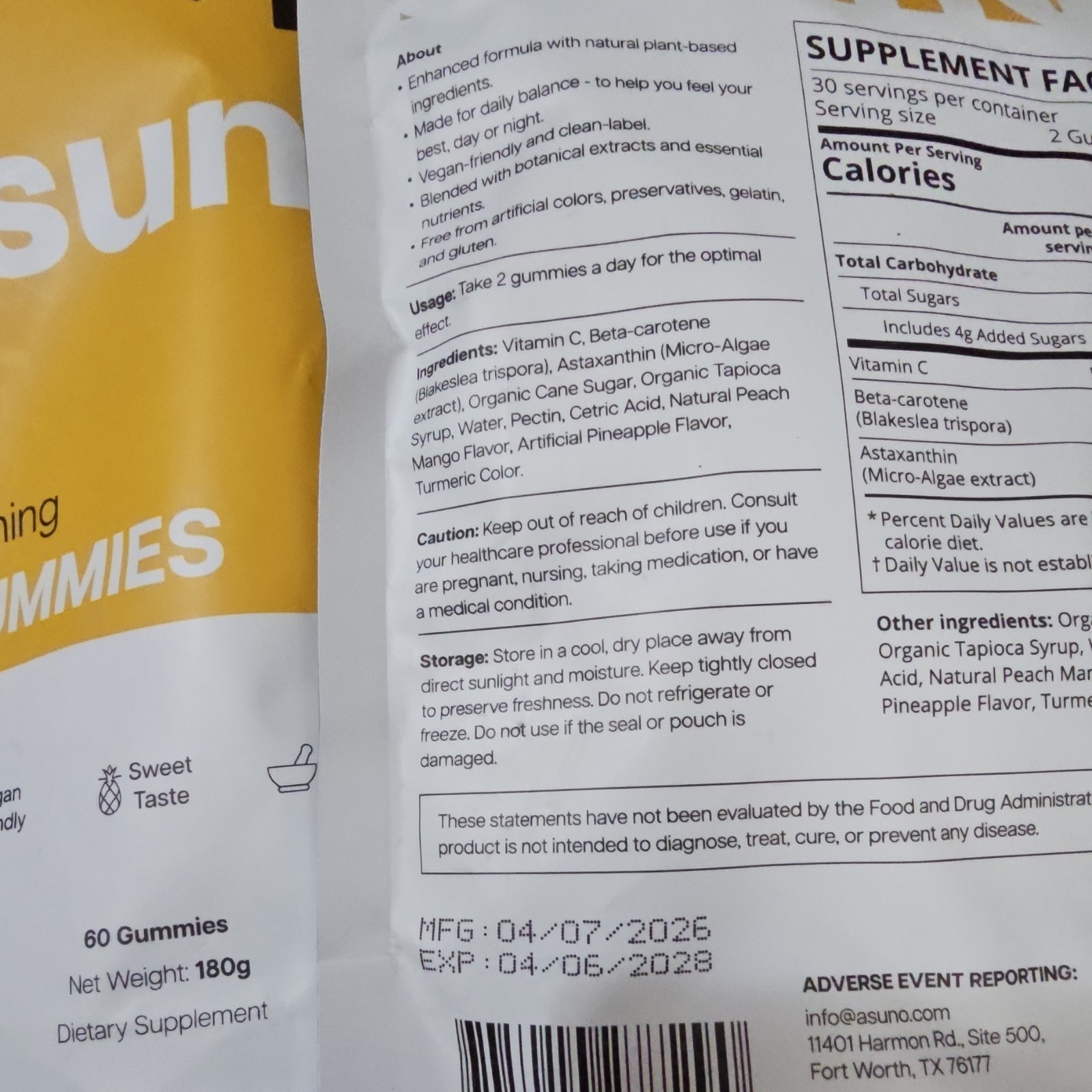 asun+ Tanning Gummies Dietary Supplement 60 Ct 180g Vegan w/ Vitamin C