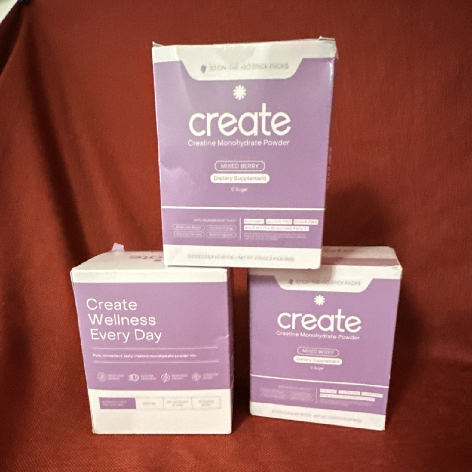 (3) Boxes Create Creatine Monohy Powd 6500mg Mix Berry 30 Pack-(90) sticks total