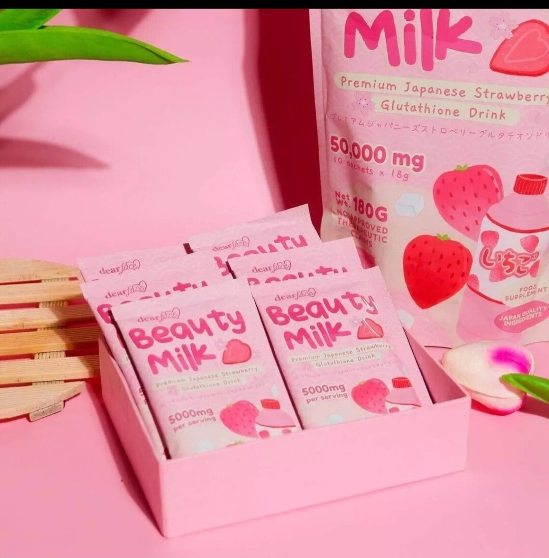 Dear Face Beauty Milk Japanese Collagen STRAWBERRY Drink, 10 Sachets X 18g