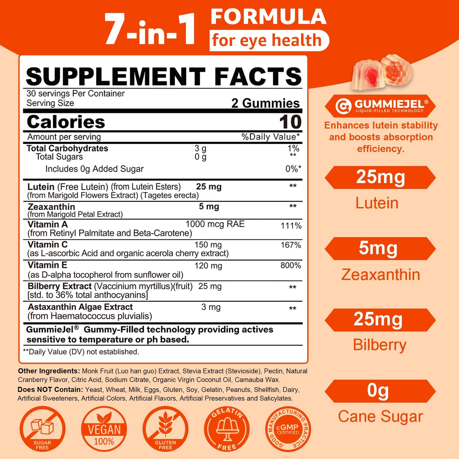 Sugar-Free Lutein Zeaxanthin Supplements Gummies (25mg) 60 Count (Pack of 1)
