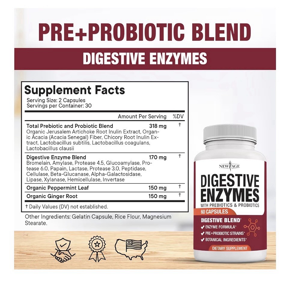 3 Packs NEW AGE Digestive Enzymes for Gut Digestive Health Probiotic Prebiotics