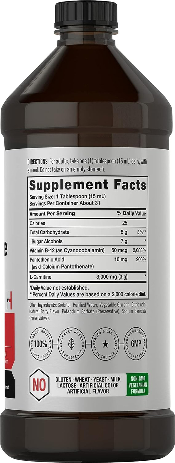 L-Carnitine Liquid 16 oz, 3000mg, Non-GMO Gluten Free Supplement, by Horbaach