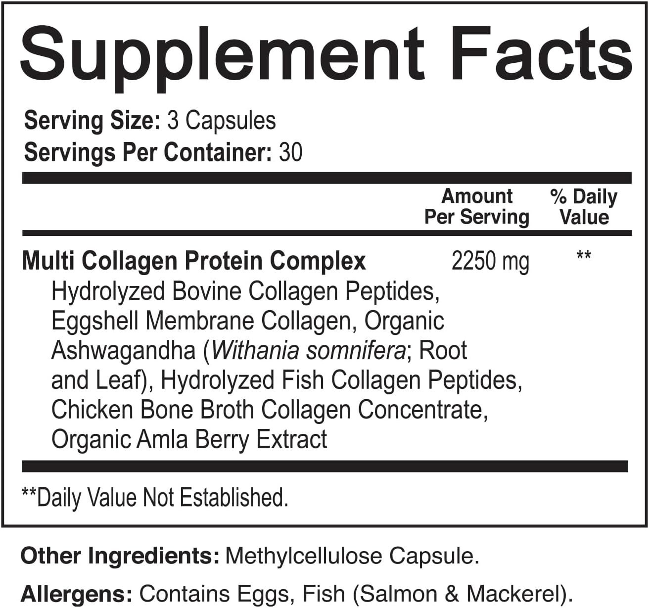 Collagen Supplement, 2250mg, 90 Capsules, Type I II III V X, Unflavored