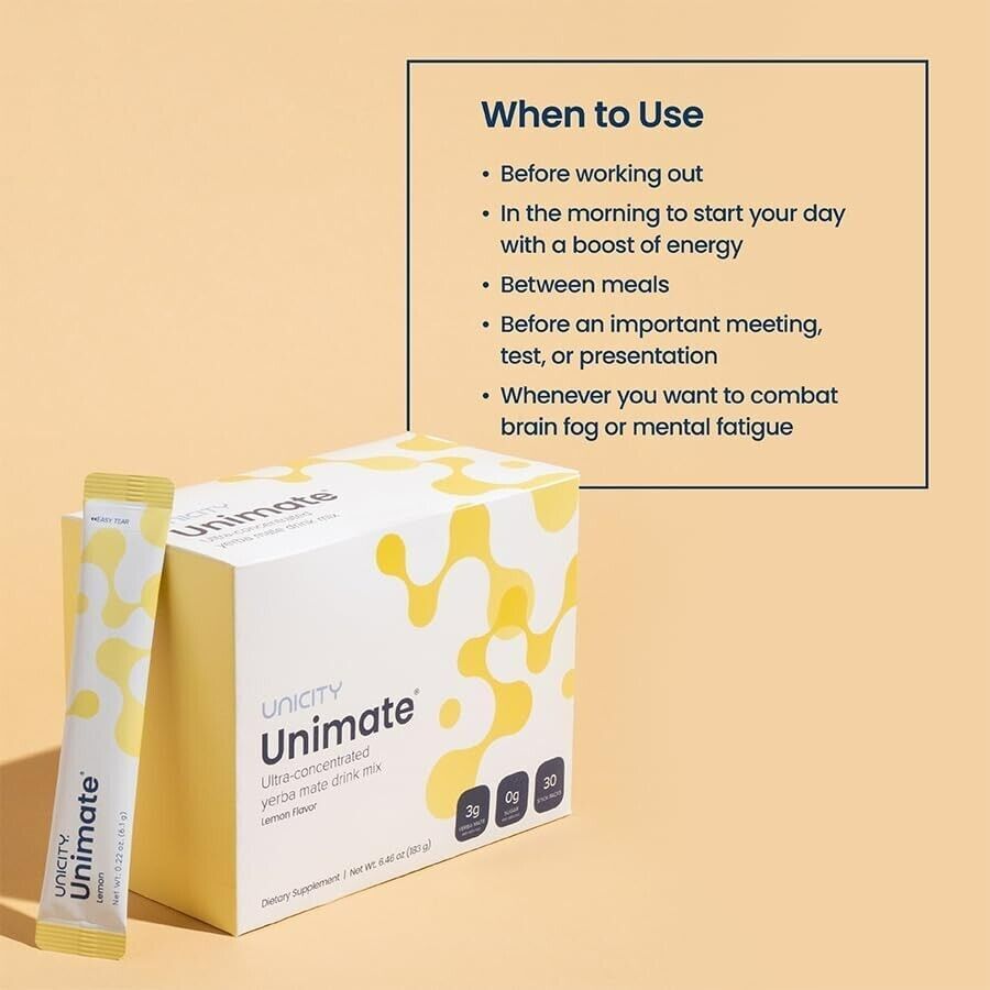 Unicity Unimate Dietary Supplement LEMON FLAVOR Drink Mix 5/10/30 Pack – Exp2025