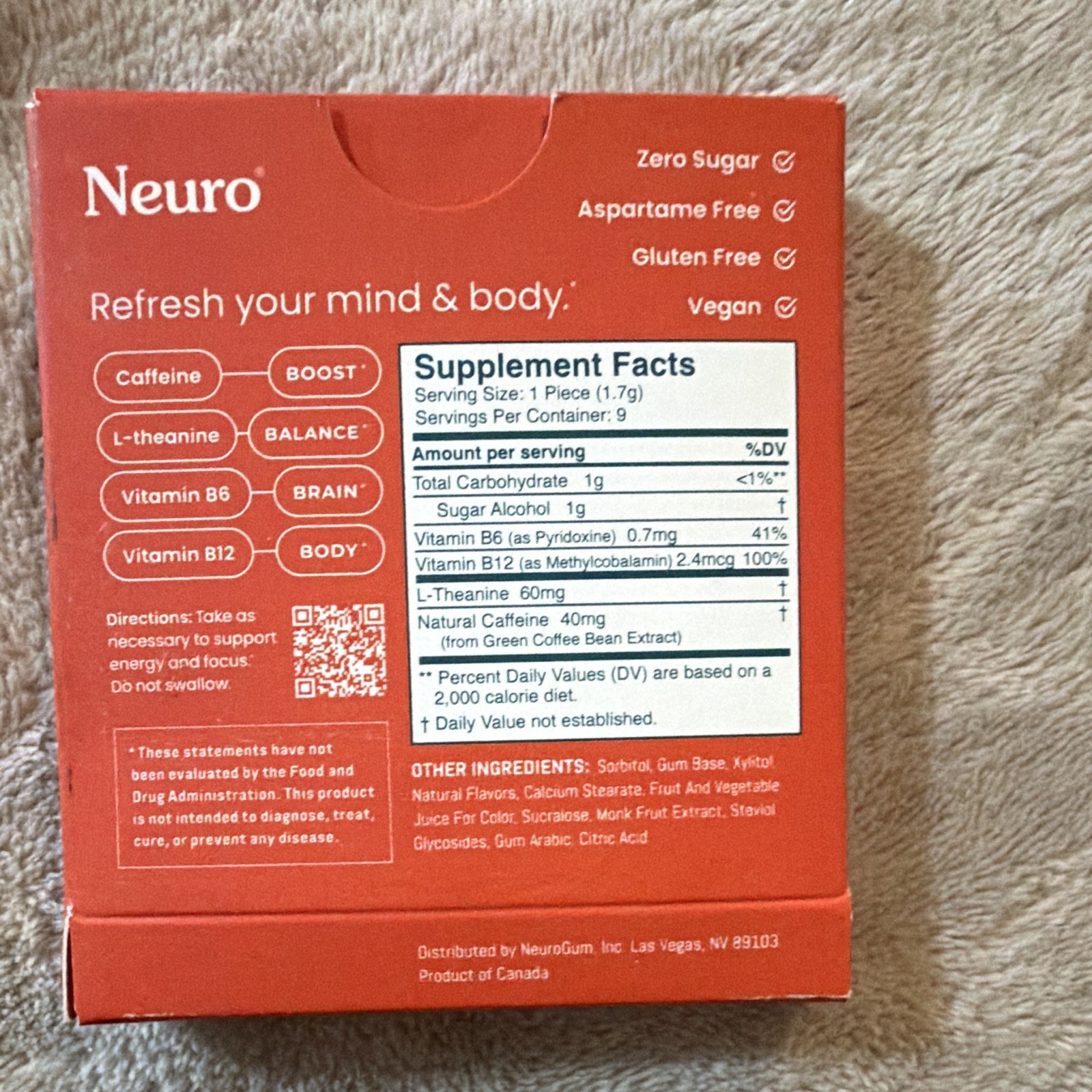 Neuro Energy & Focus Gum Cinnamon 9pc Zero Sugar Vegan