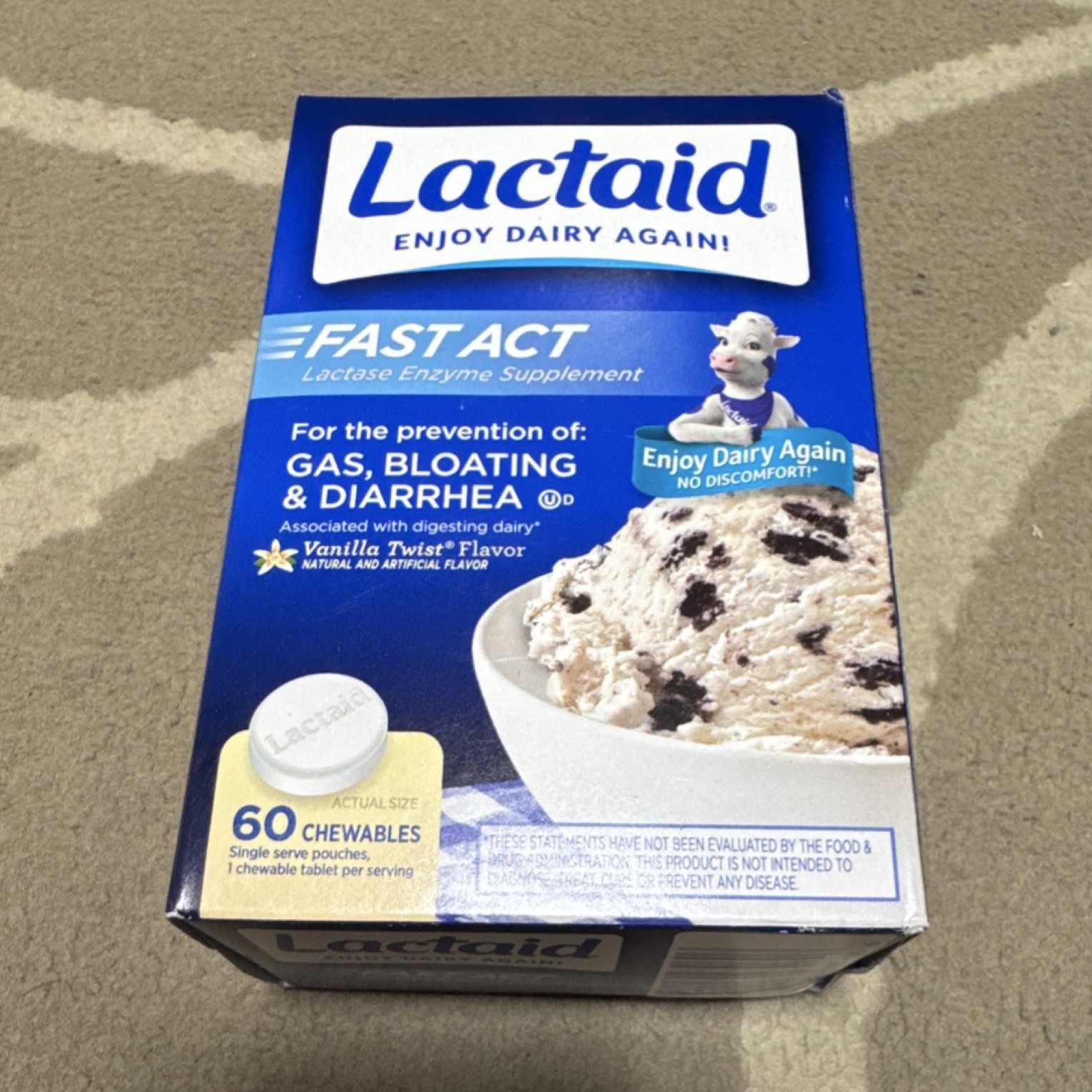 Lactaid Fast Act Lactase Enzyme Vanilla Twist 60 Chewables EXP 03/2028