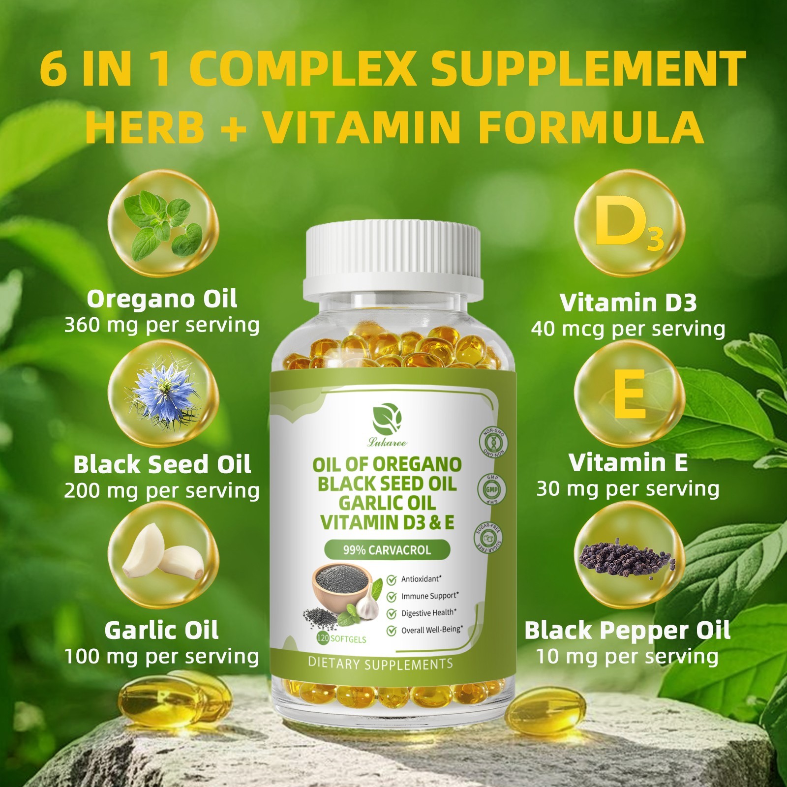 Oregano Oil with Black Seed & Garlic – High Carvacrol, Immune & Gut Support, 120