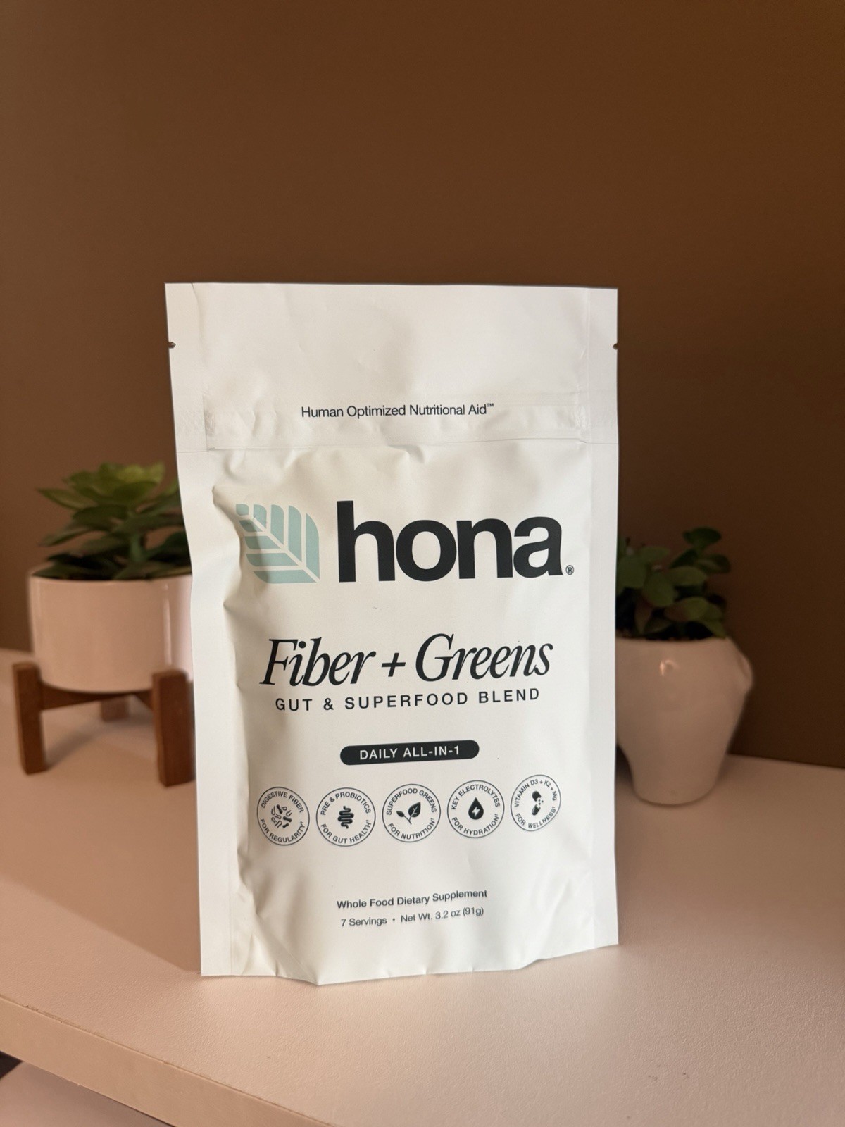 hona Fiber + Greens Gut Superfood Blend Powder 3.2 oz Vegan Non-GMO