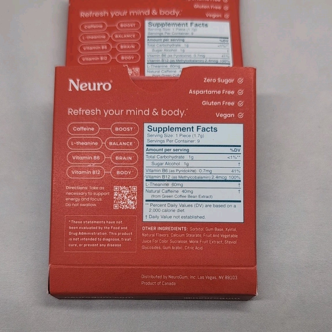 2 Neuro Gum CINNAMON Caffeine B-12, Exp 03/27