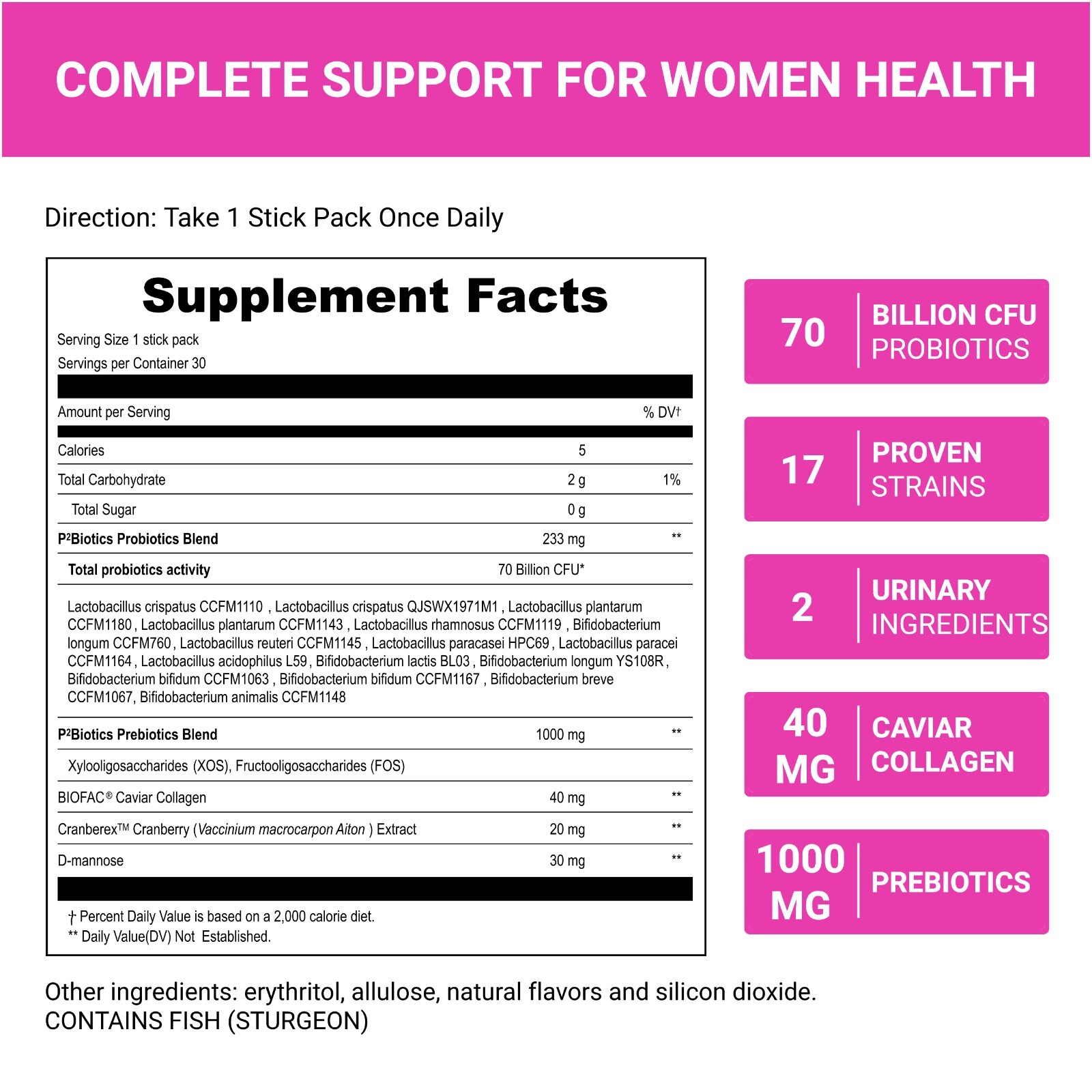 Pre Probiotics for Women with Caviar Collagen, Cranberry, d-Mannose Powder Stick
